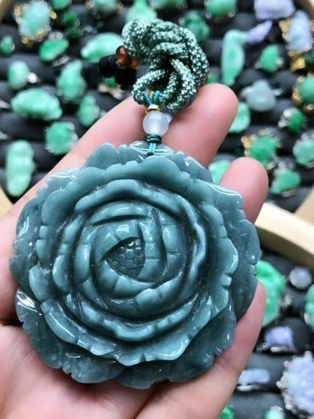 Huge Blue Water Jade Flower Pendant Necklace with Certificate